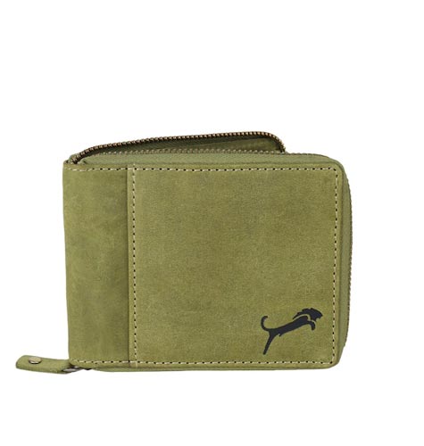 Unisex Olive Green & Black Animal Printed Leather Zip Around Wallet